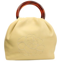 Retro Chanel Beige Lambskin Camellia Bucket Bag Tortoise Handle