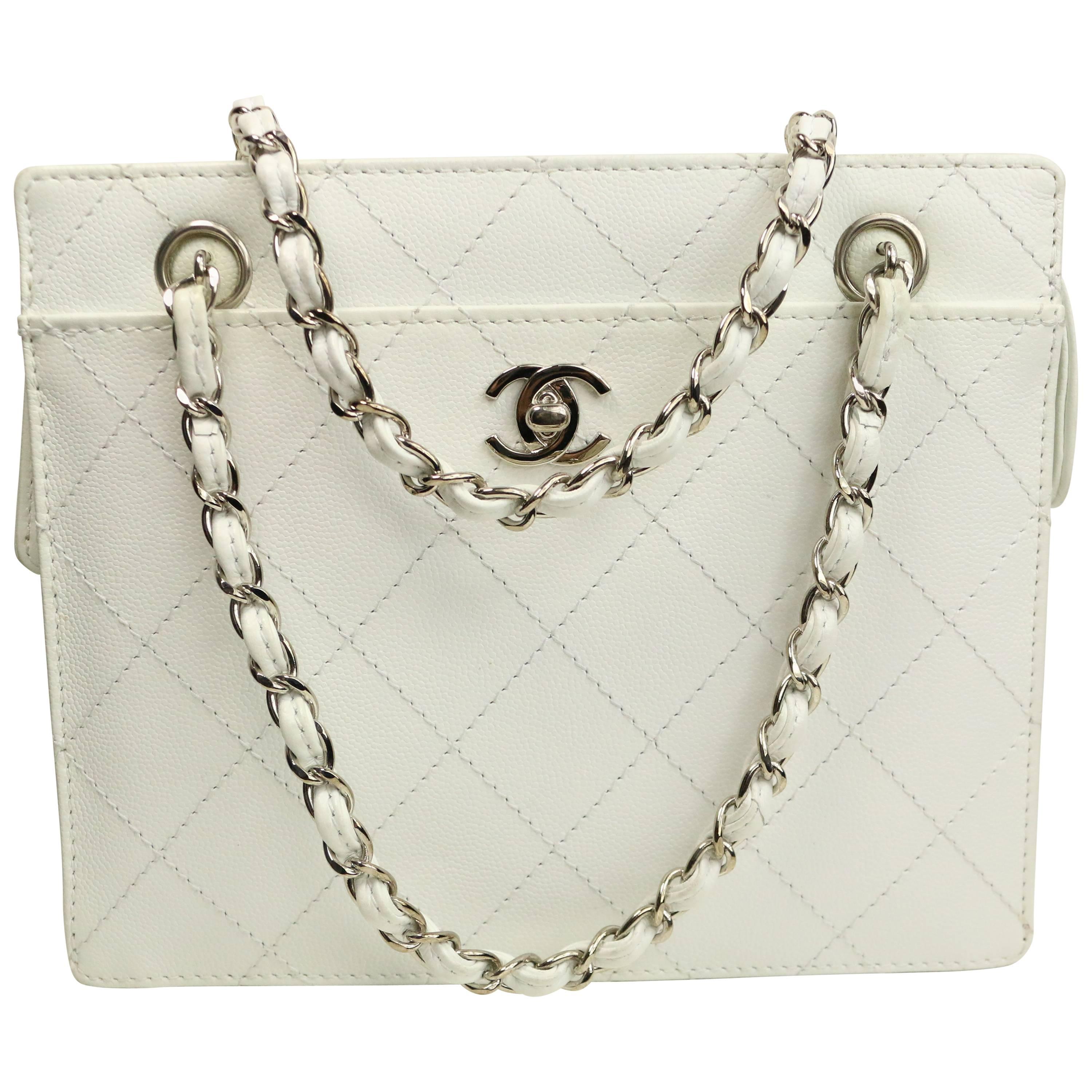 Chanel White Quilted Caviar Leather Silver Chain Straps Handbag