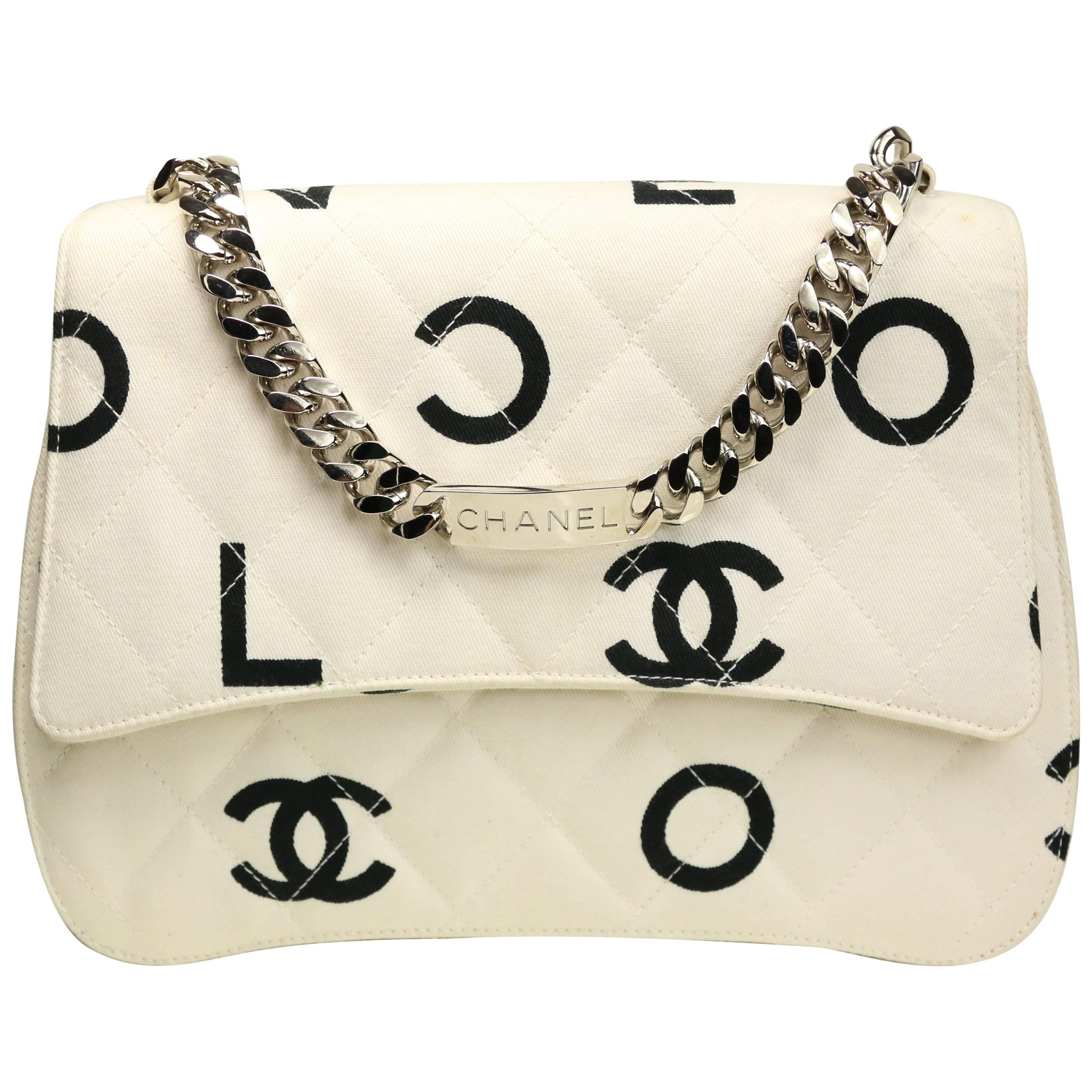 Chanel White Quitled with Black Logo Print Canvas Flap Bag