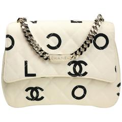 Vintage Chanel White Quitled with Black Logo Print Canvas Flap Bag