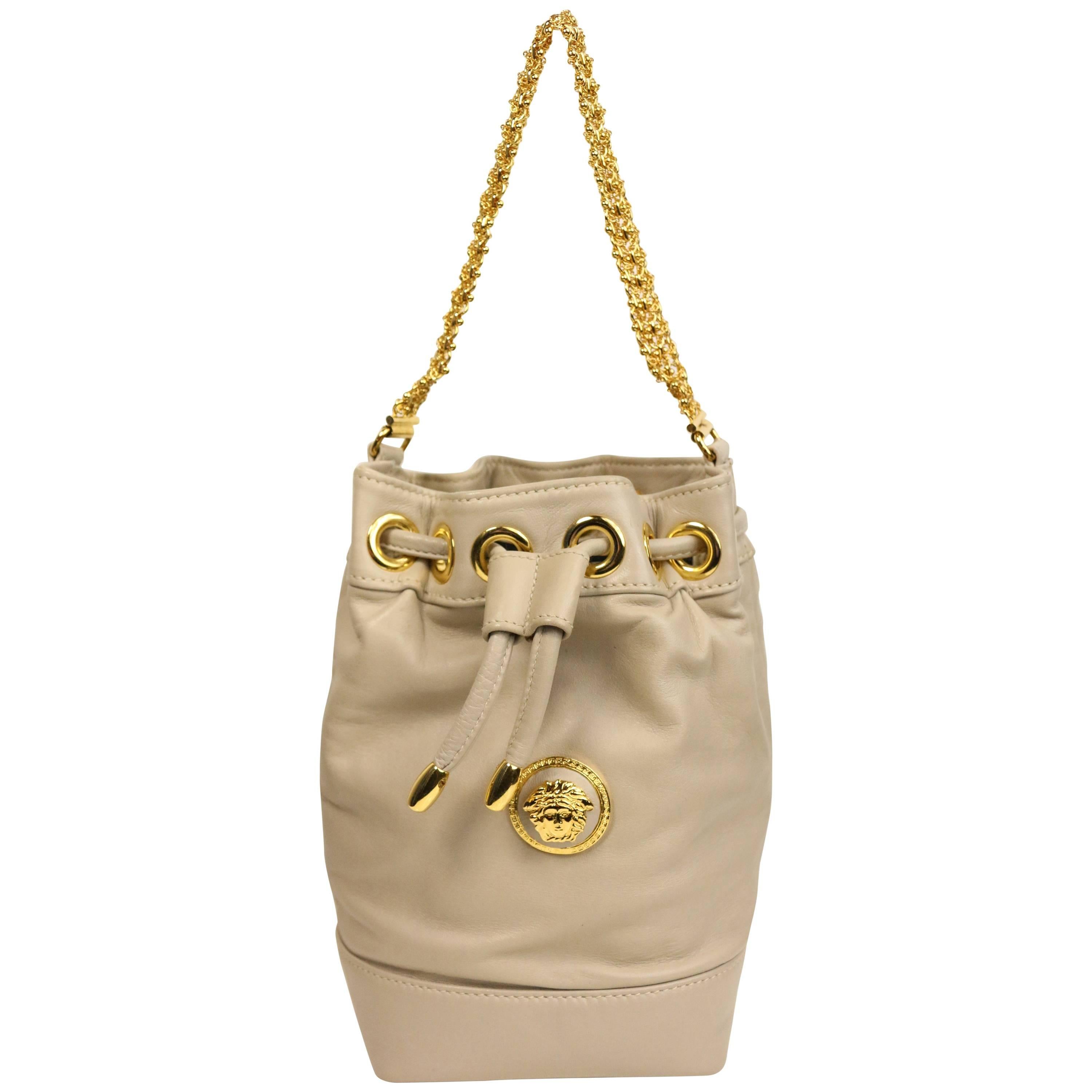 Gianni Versace Medusa Light Grey Leather Drawstring Mini Bucket Handbag 