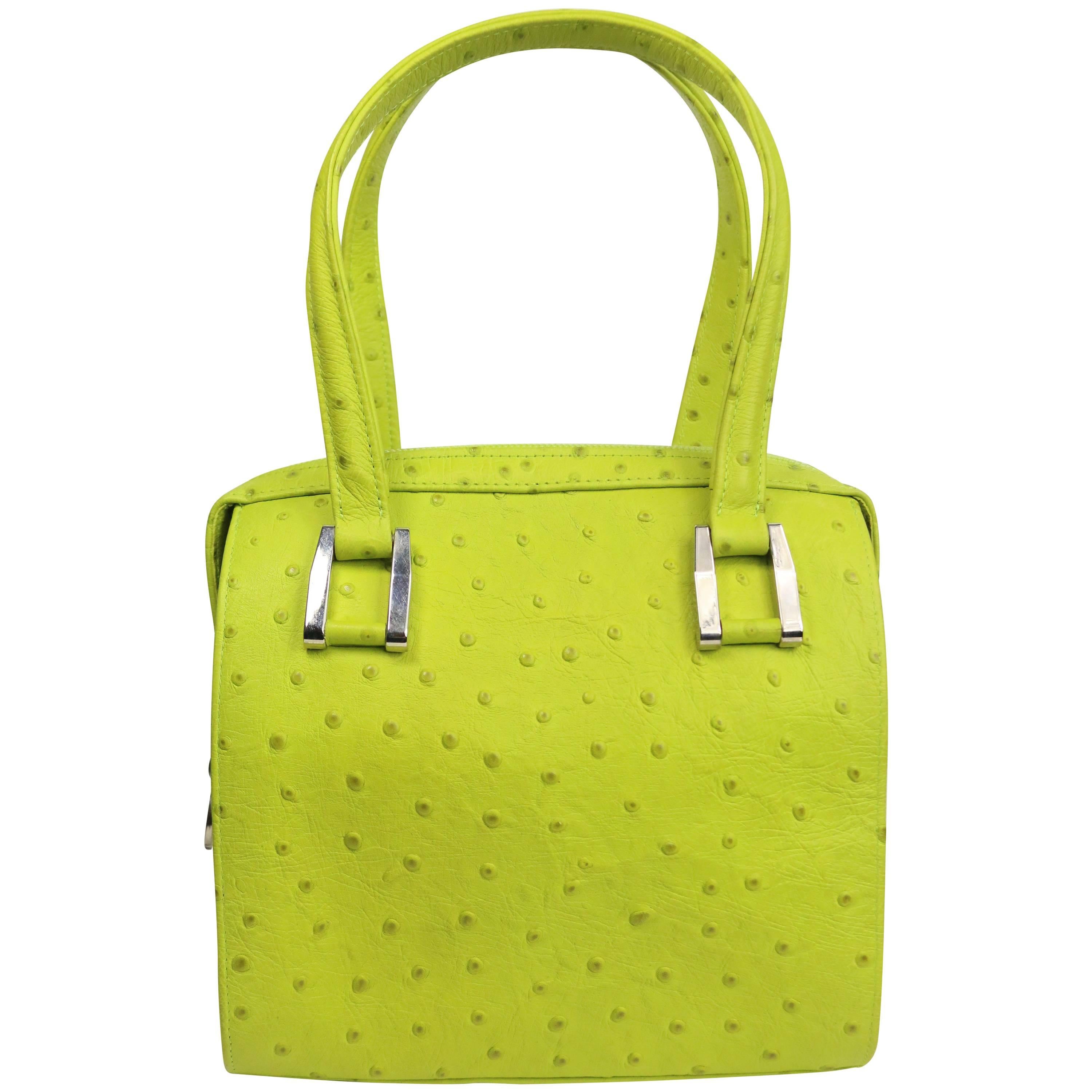 Charles Jourdan Green Ostrich Leather Handbag