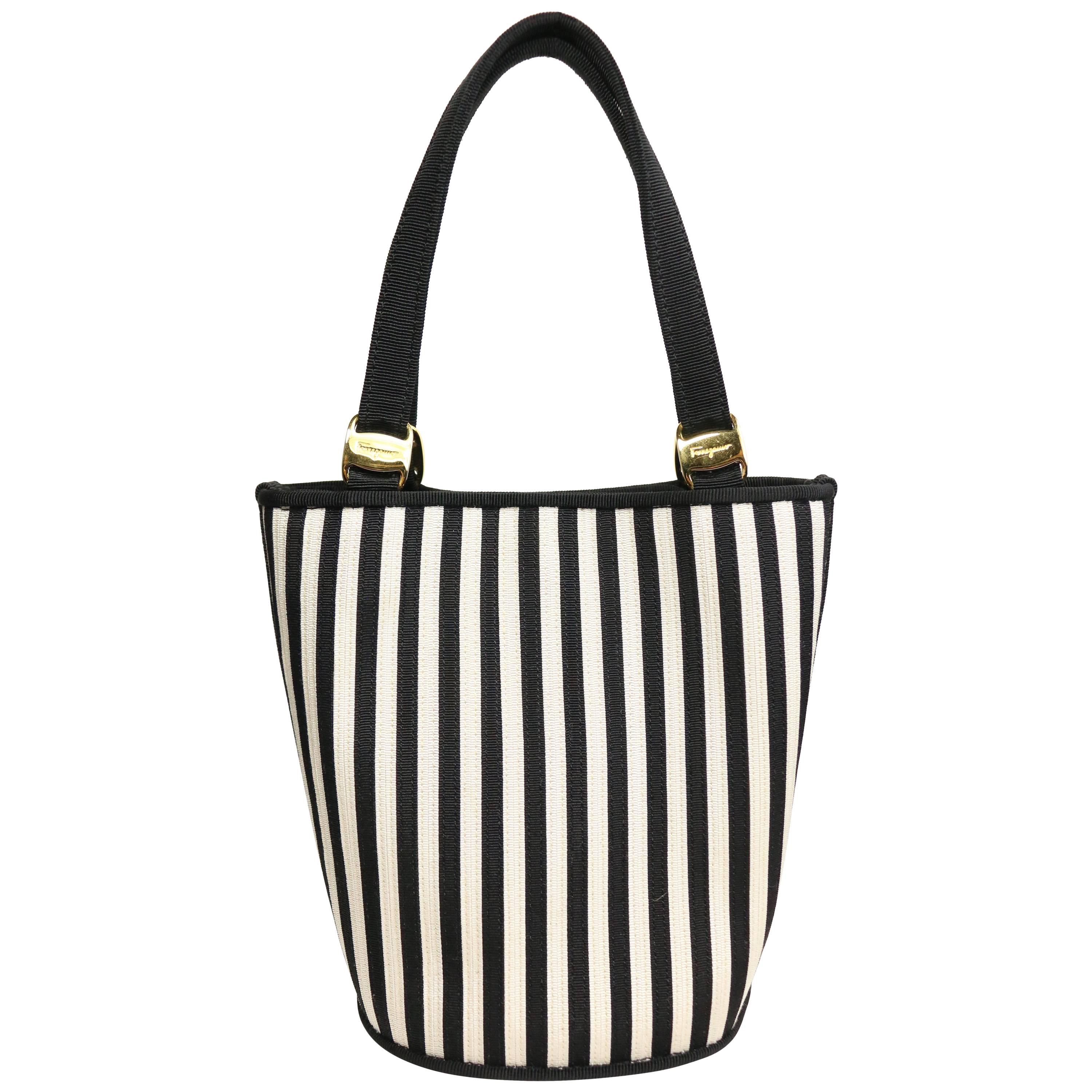 Salvatore Ferragamo Black and White Stripe bucket handbag with Strap