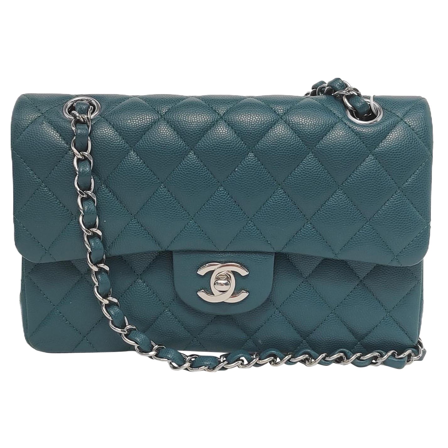 Chanel Classic Flap Small Teal Green Caviar Leather with Silver Hardware, 2019
