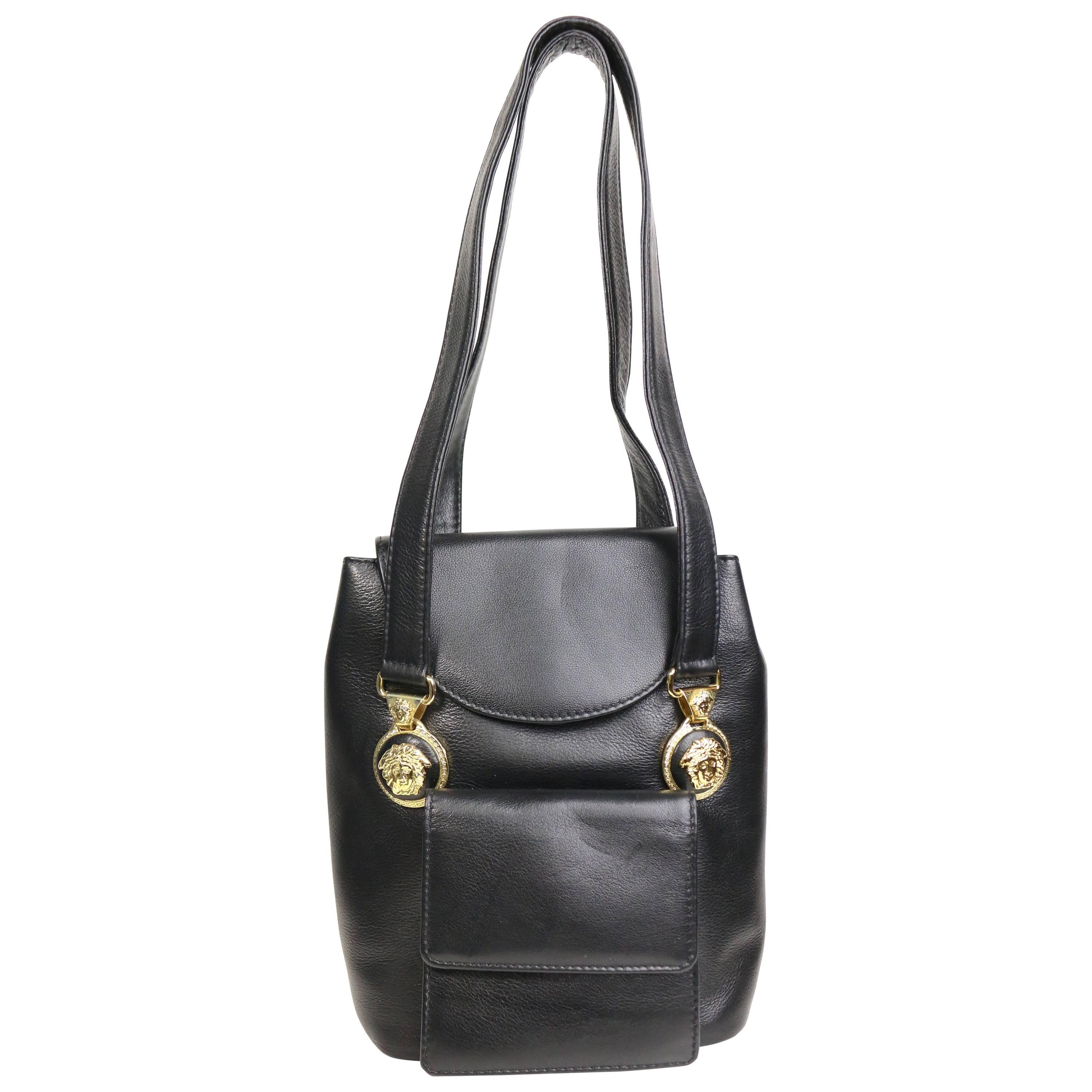 90s Gianni Versace Black Leather Medusa Mini Handbag 