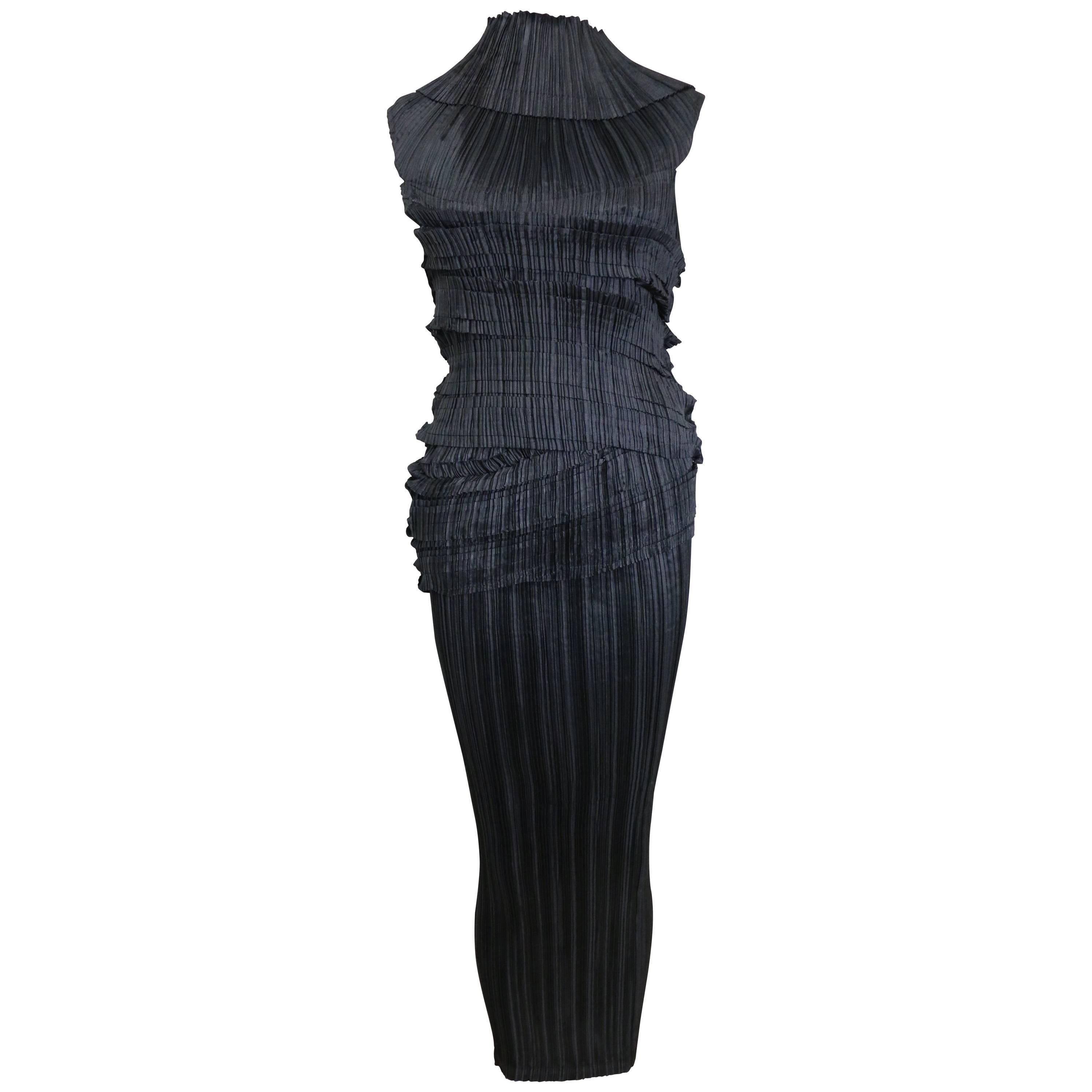 90s Issey Miyake Black Pleated Sleeveless High Neck Top and Long Skirt Ensemble 