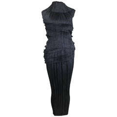 90s Issey Miyake Black Pleated Sleeveless High Neck Top and Long Skirt Ensemble