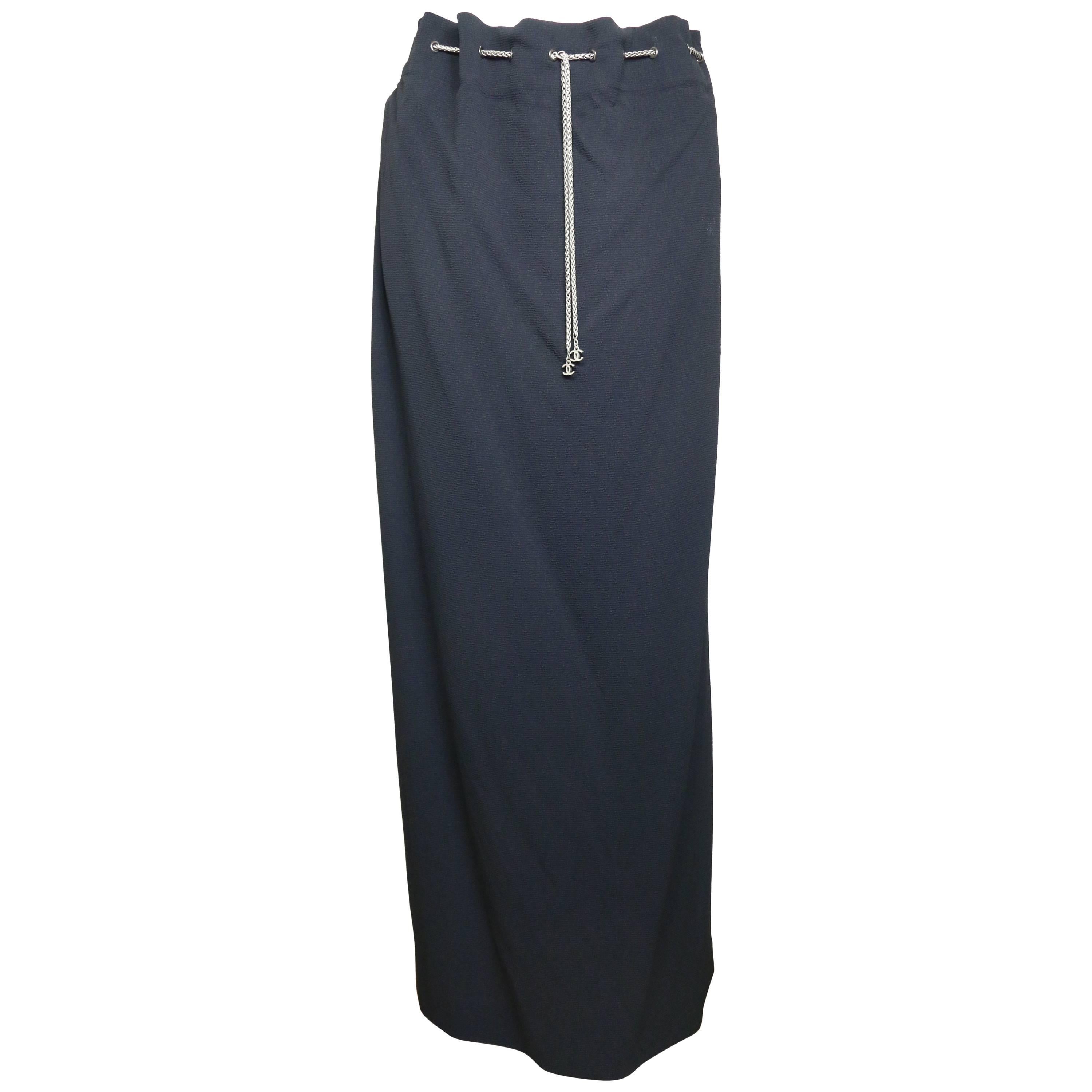 Chanel Black Long Skirt with Silver Chain Waist For Sale