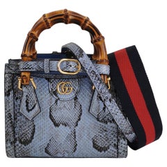 Gucci Diana Mini Blue Leather Bag Bamboo Handle with Strap