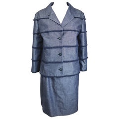 Chanel Blue Denim with Raw Edge Fringe Jacket and Skirt Ensemble