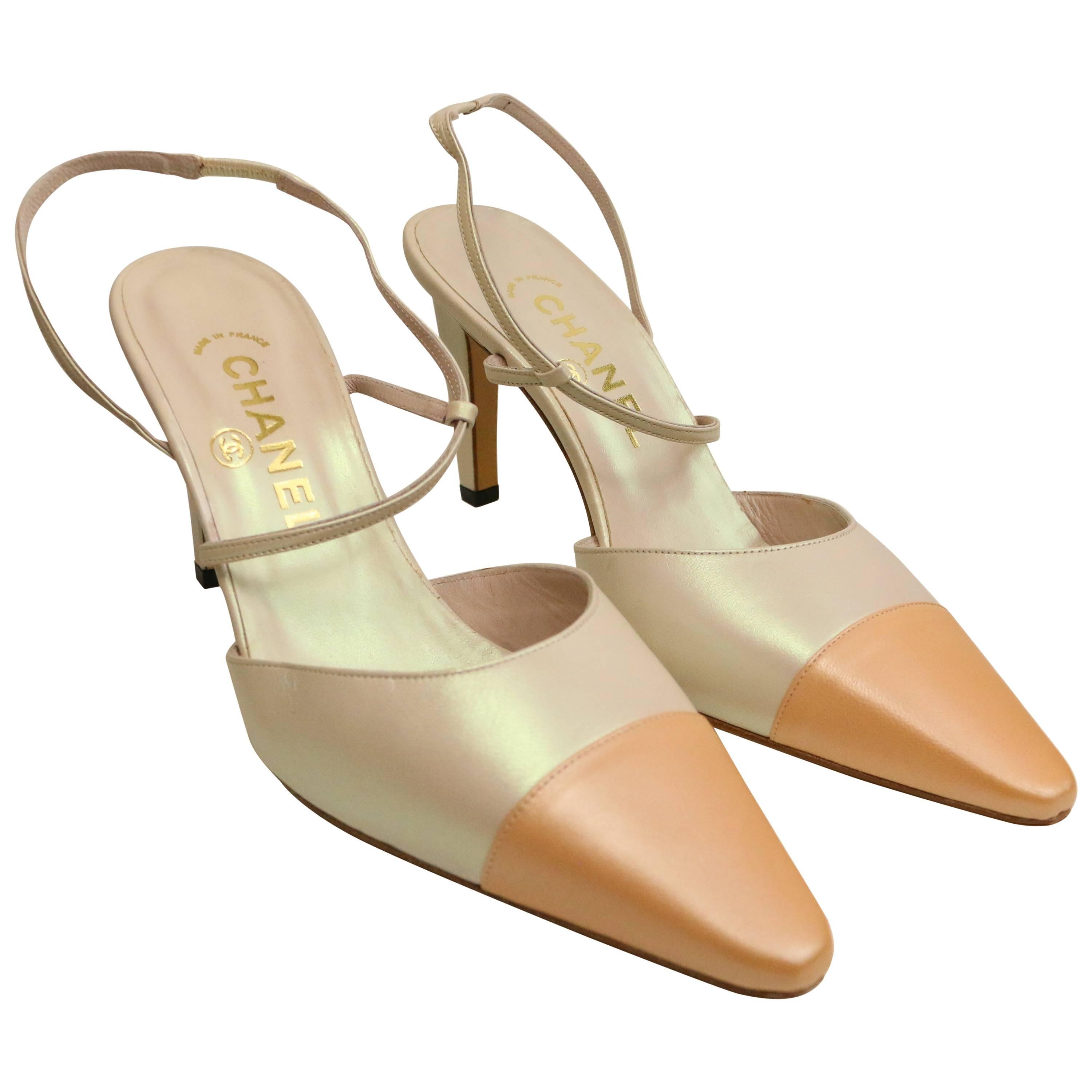 Chanel Bi Toned Leather Pointy Slingback Heels