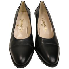 Chanel Classic Black Caviar Leather Round Toe Heels 7