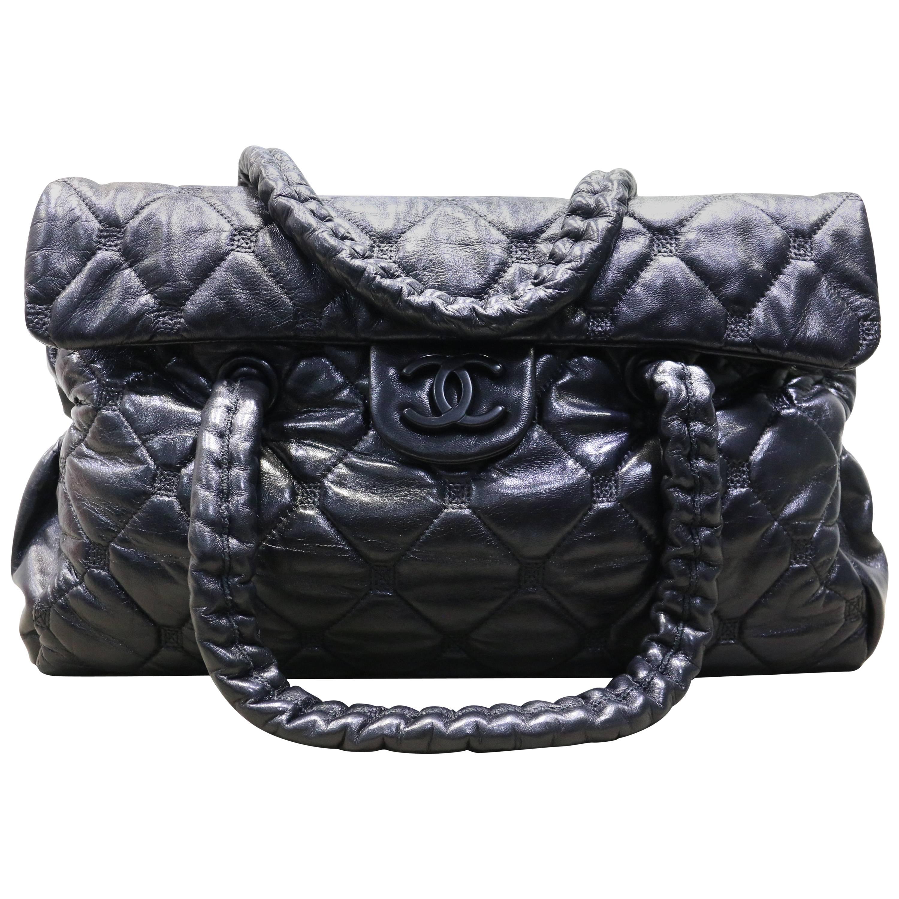 Chanel Black Quilted Lambskin Leather Double Straps Handbag 