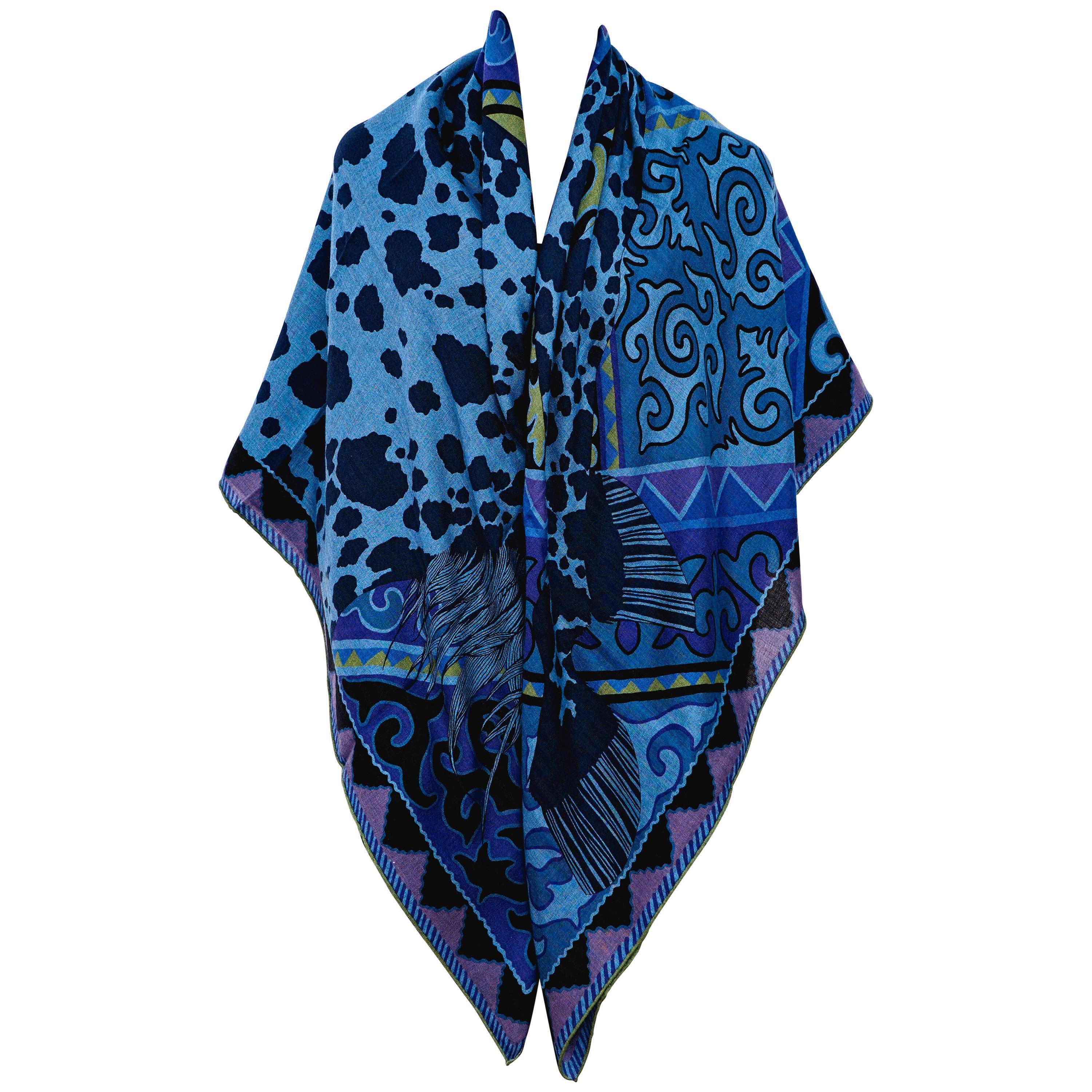 Hermes Asian Horse Cashmere Silk Shawl Scarf China Blue Navy Spring!