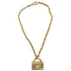 Chanel Gold Toned Classic Quilted Flap Bag Charm Pendant Necklace 