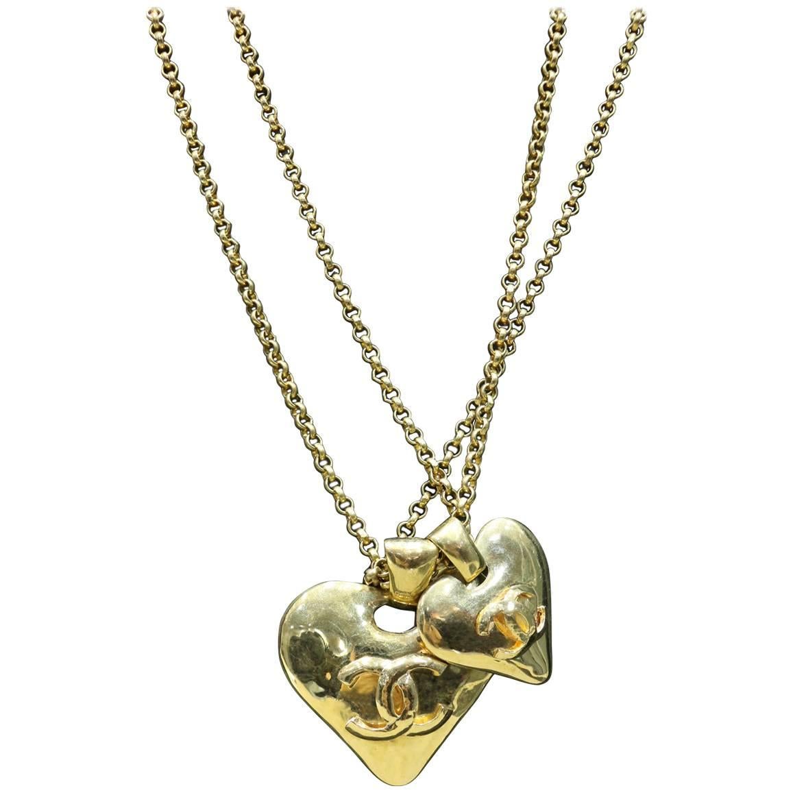 Chanel Gold Toned "CC" Double Heart, Double Chain Pendant Necklace at