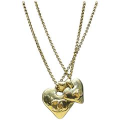 Chanel Gold Toned "CC" Double Heart, Double Chain Pendant Necklace 