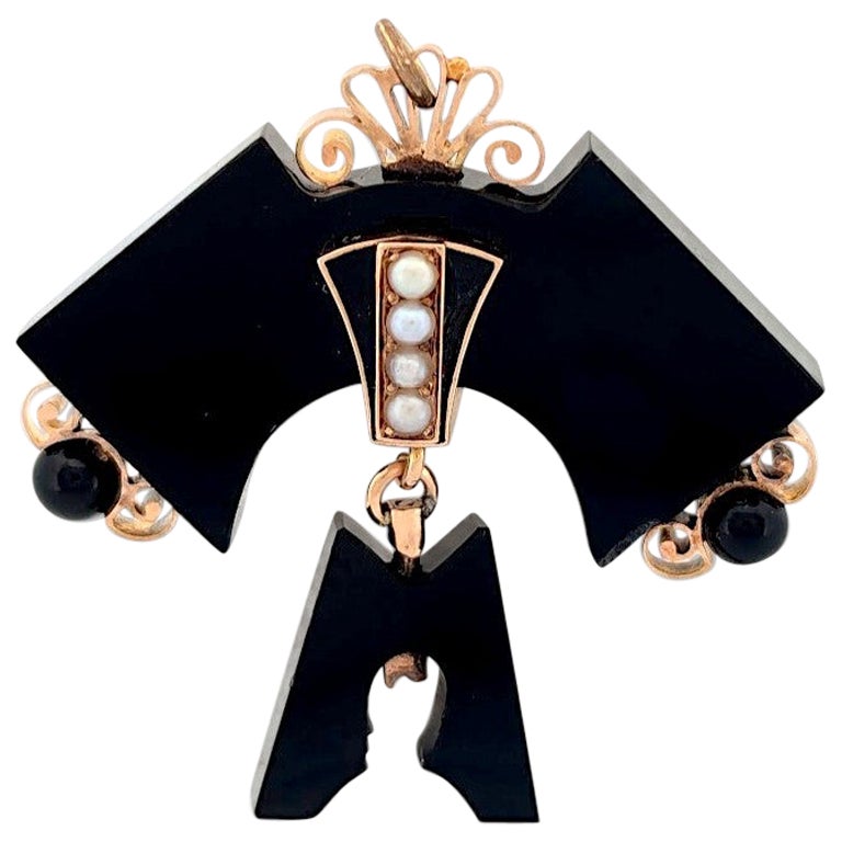 Kylie  Victorian Mourning Pin with Seed Pearls & Black Onyx  14k Gold Pin