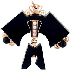 Kylie  Victorian Mourning Pin with Seed Pearls & Black Onyx  14k Gold Pin