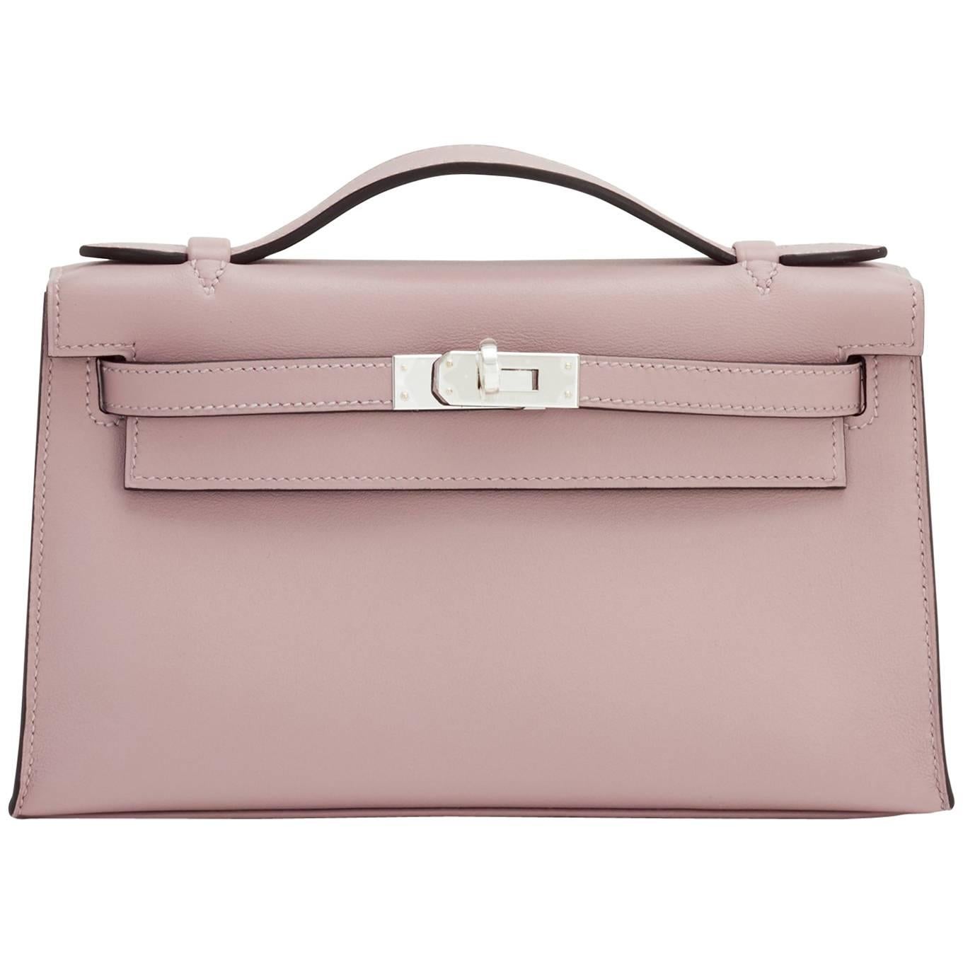 Hermes Glycine Kelly Pochette Swift Clutch Bag Palladium Hardware Frühling