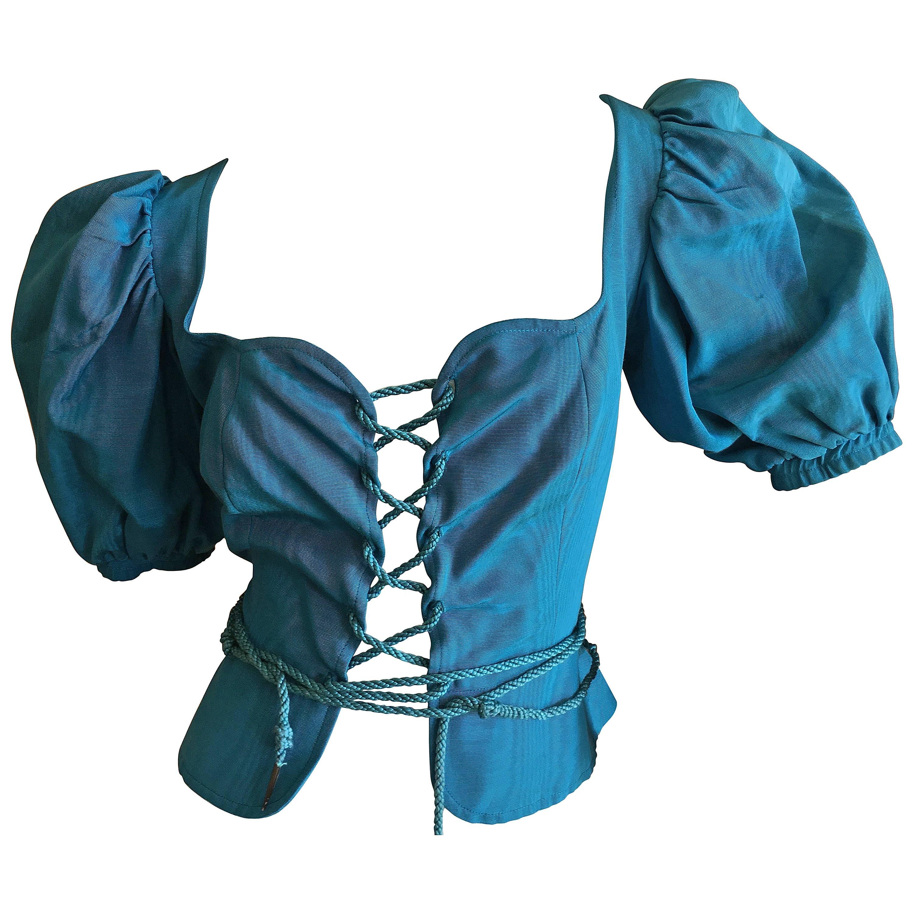 Yves Saint Laurent Rive Gauche 1970's Turquoise Silk Moire Corset Lace Top For Sale