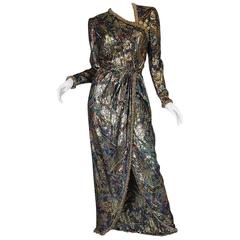 Unworn c1975 Oscar de la Renta Silk Metallic Dress with Bells 6