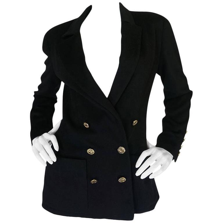 1980s Chanel Boutique Black Cashmere Coat with Gold Logo Gold Buttons main image 1