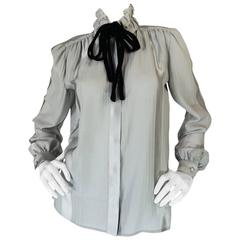 1970s Valentino Silver Grey Silk Top with Velvet Ties