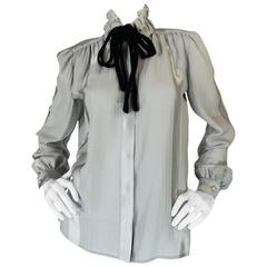 1970s Valentino Silver Grey Silk Top with Velvet Ties