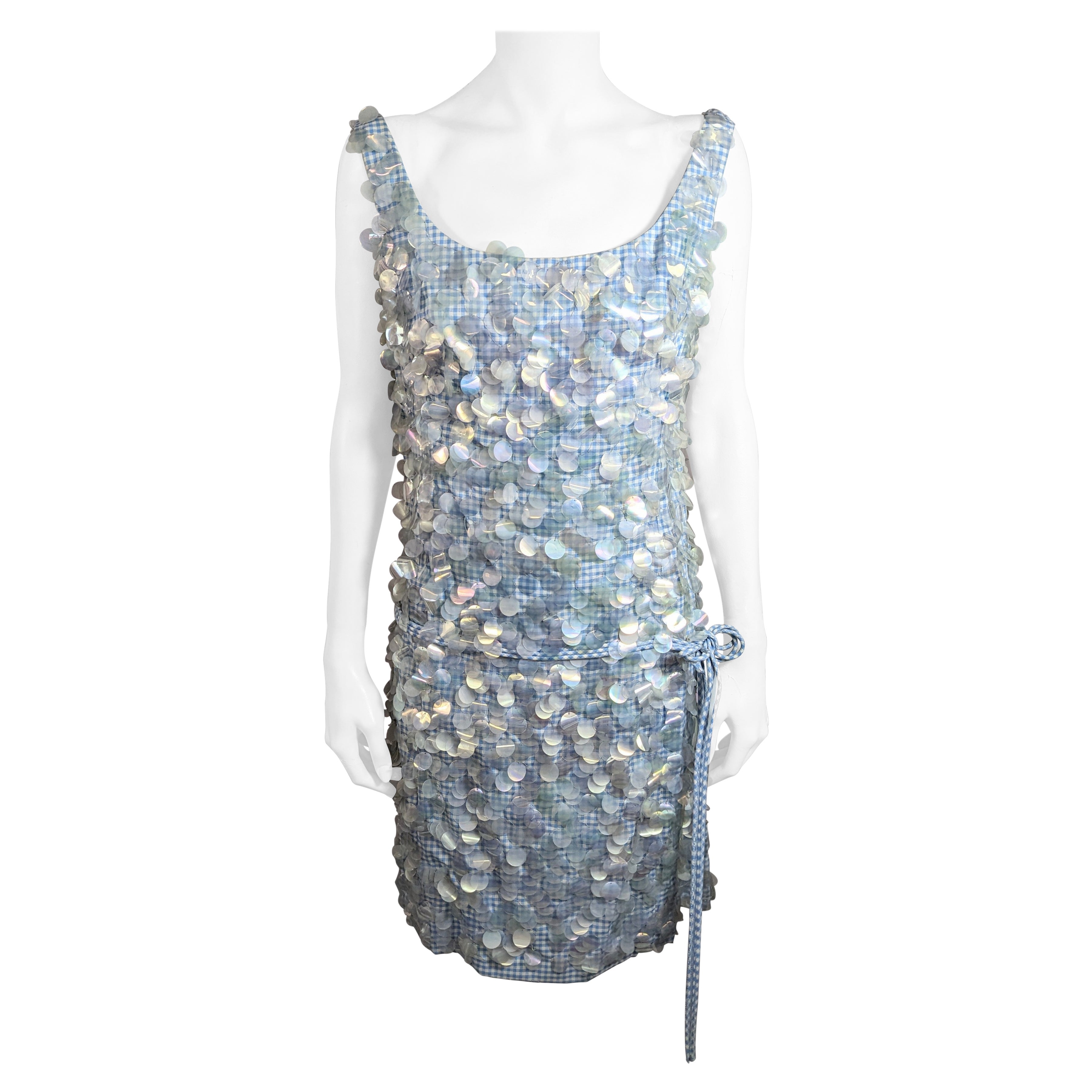 Mid Century Cotton Gingham Paillette Encrusted Dress For Sale