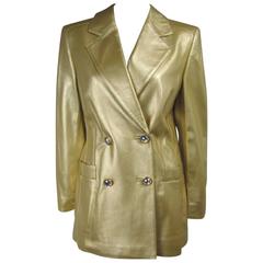 Escada Gold Leather Double Breasted Shimmering Blazer Jacket 1990s UK 38 6