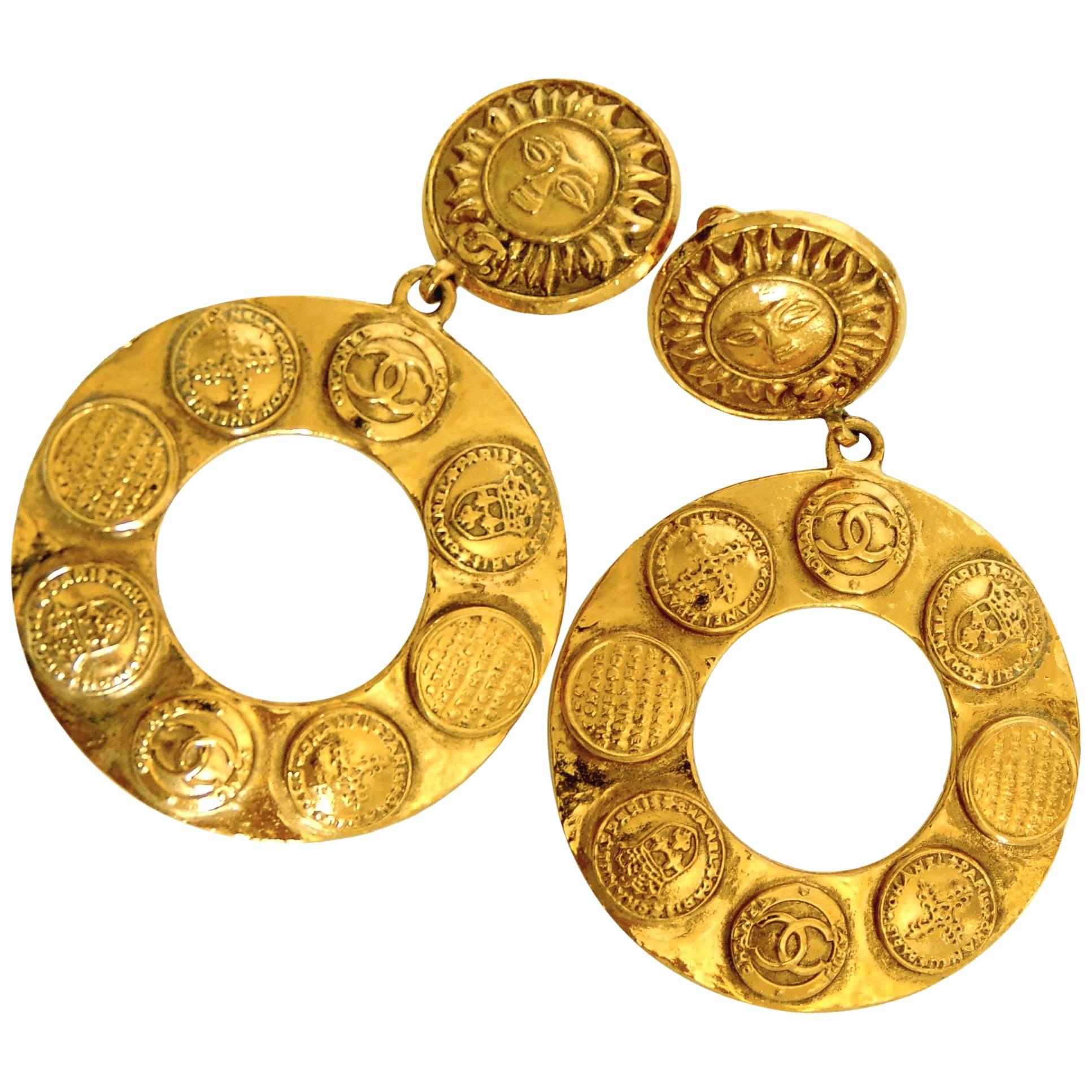 Chanel Large Gold Hoop Earrings 3.5in Sun Motif CC Medallions Season 28 + Box 90