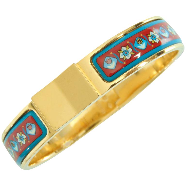 Hermes Gold Hinged Enamel Print Bracelet Florals Tulips PM 2006 For