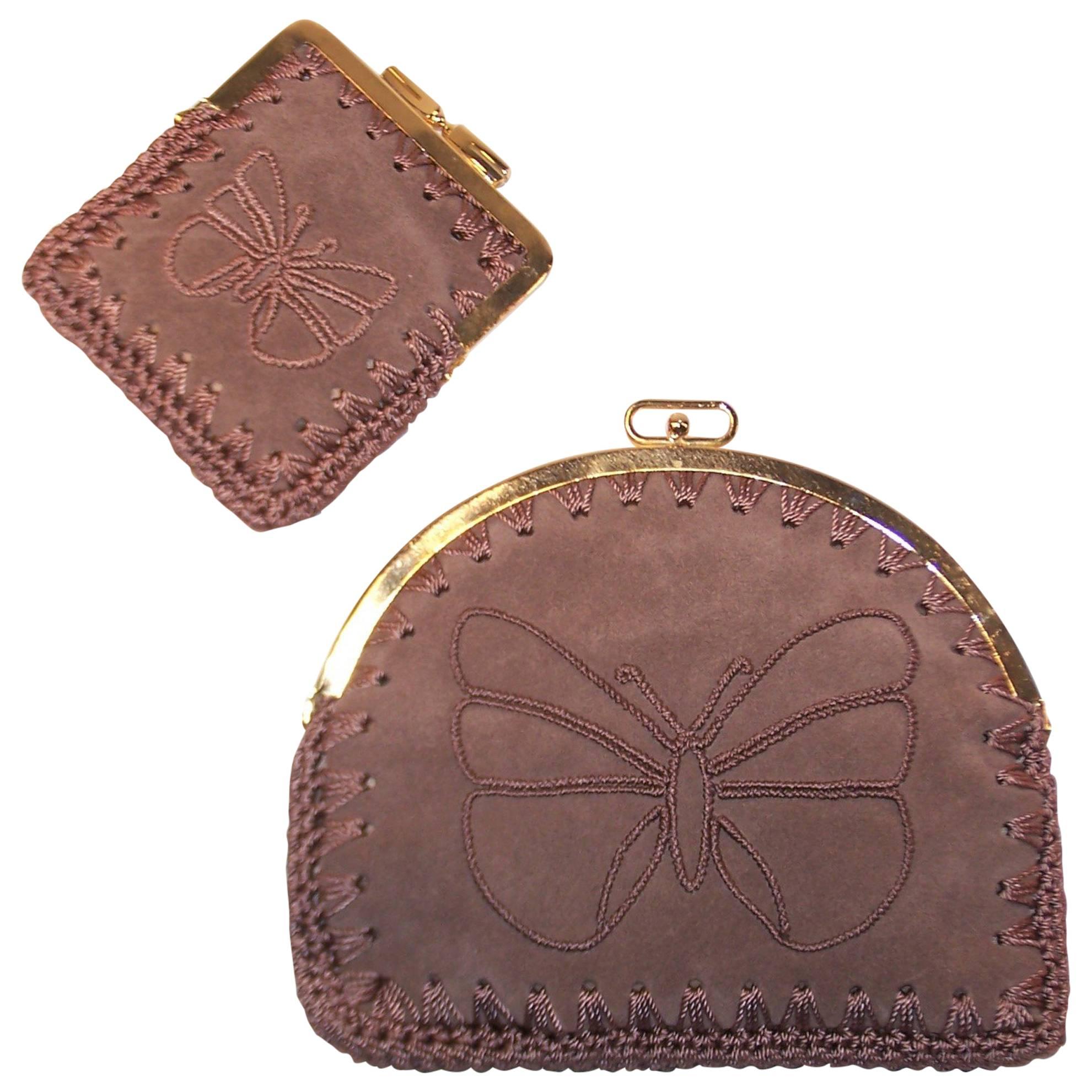 1970
s Neiman Marcus Bohemian Suede Clutch With Crochet 
Butterflies