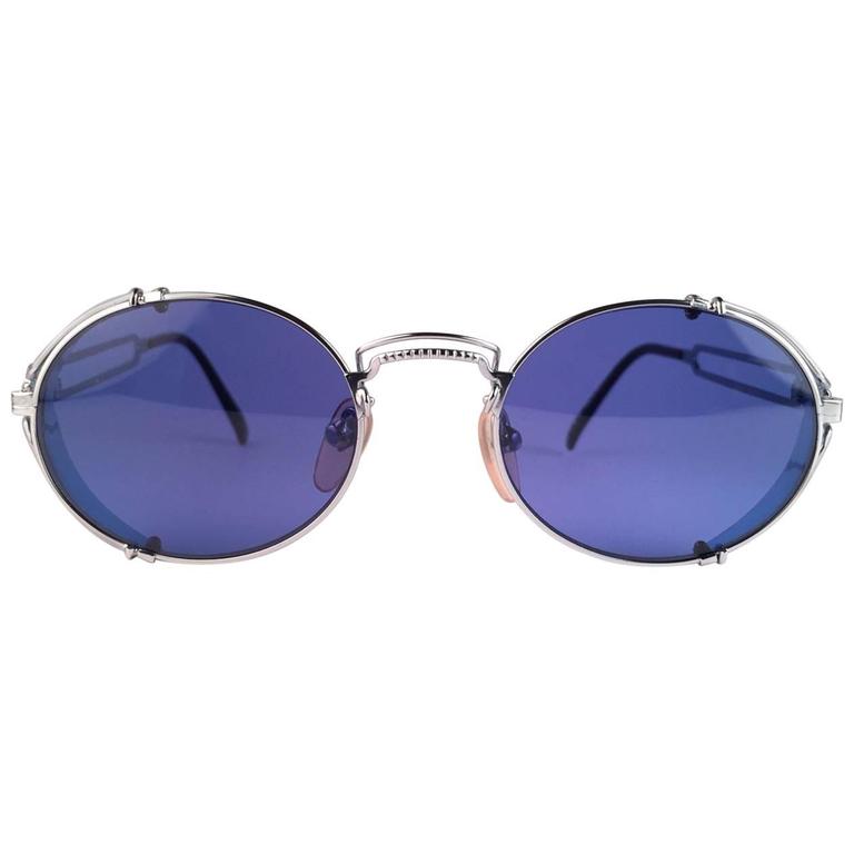 New Jean Paul Gaultier 58 6105 Silver Metal Two Tone Blue Caps 1990's Japan at 1stDibs