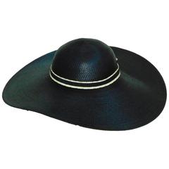 Retro Black Floppy Straw Hat with Wide Brim + Contrast Ribbon Sylvia New York