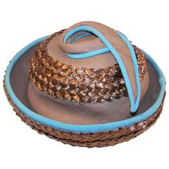 1960's Bonta Creatrice Brown Linen & Straw Hat With Turquoise Details 7