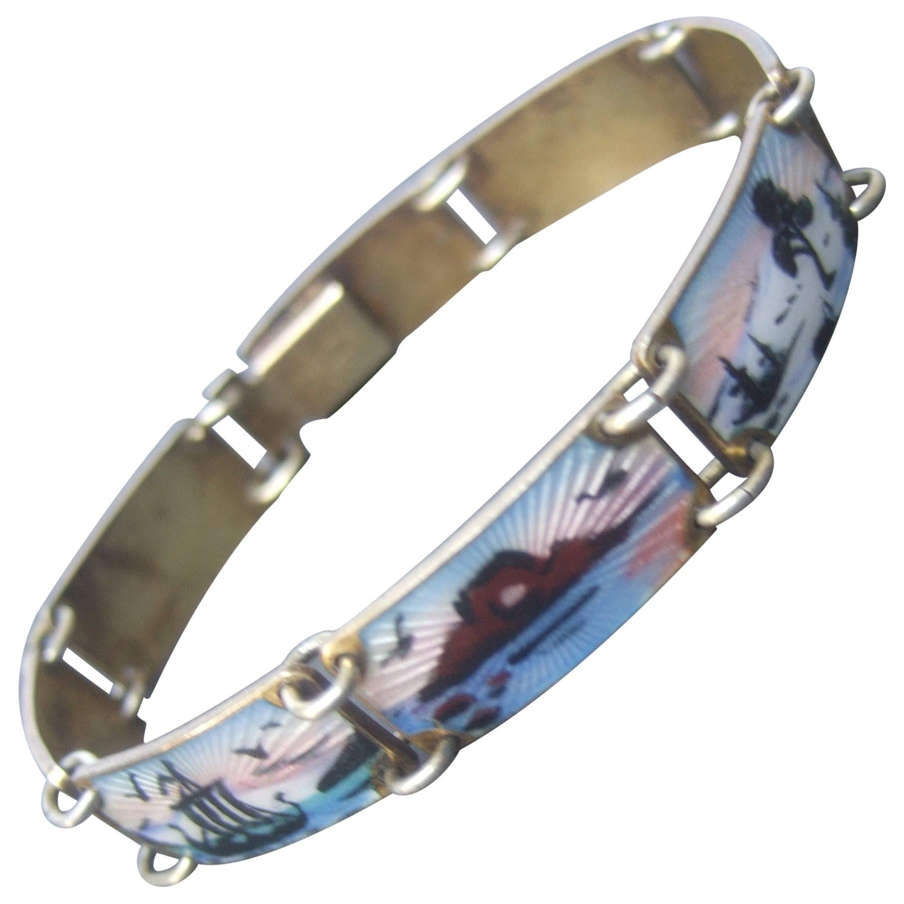 Norway Sterling Silver Guilloche Enamel Link Bracelet ca 1960