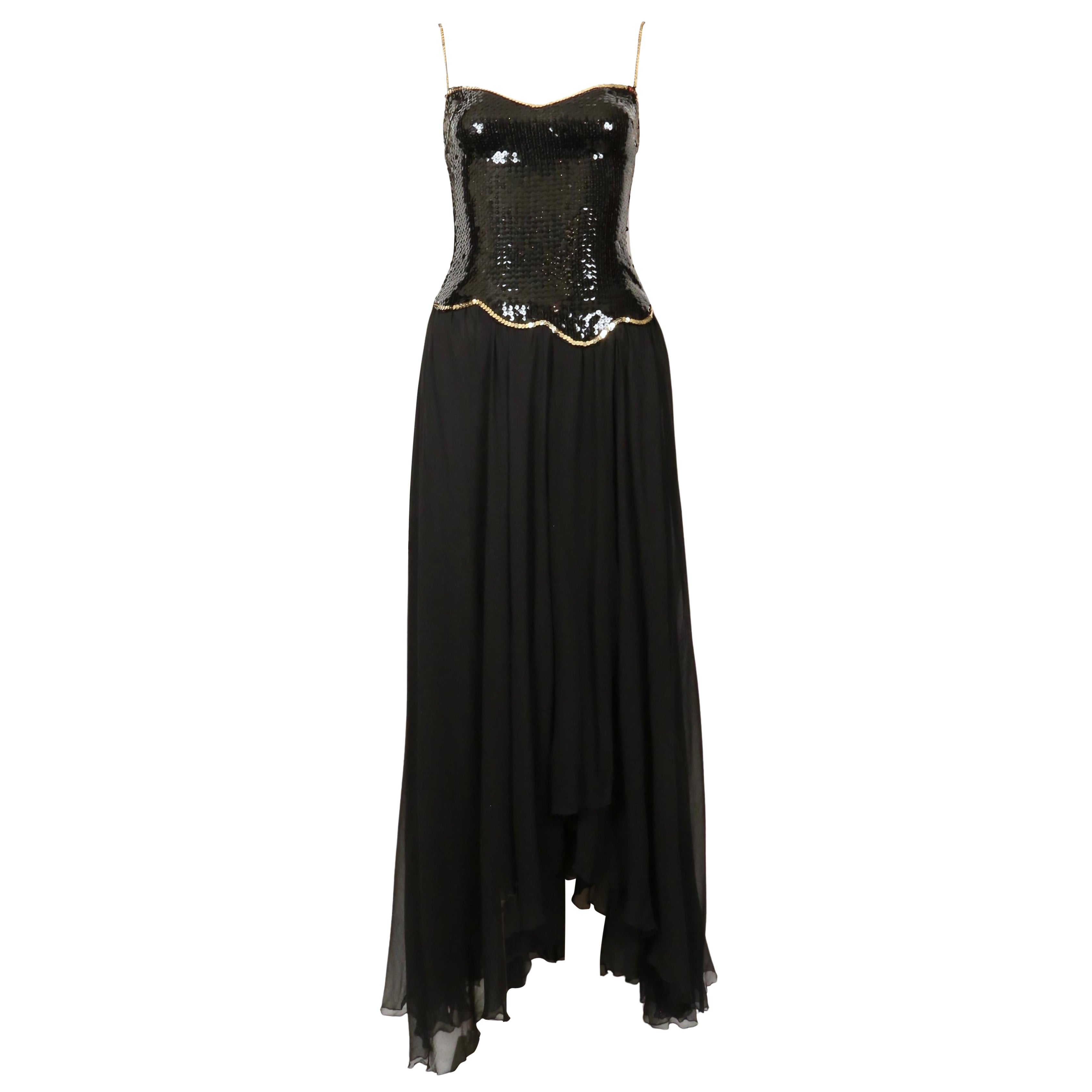 Vestido asimétrico LORIS AZZARO de los años 70 con corpiño de lentejuelas en venta
