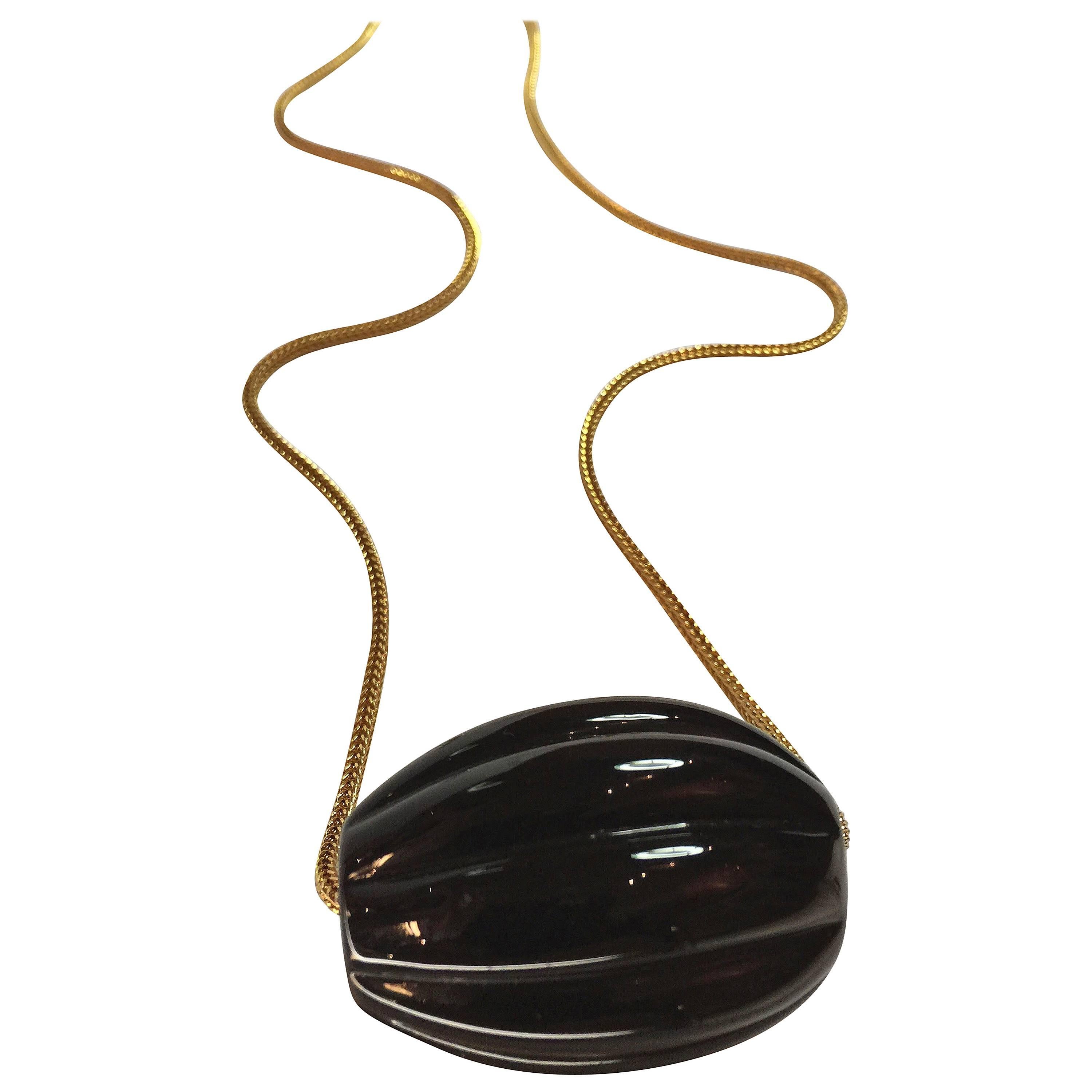 1970's William deLillo Modernist Ribbed Black Glass Egg Slide Necklace For Sale