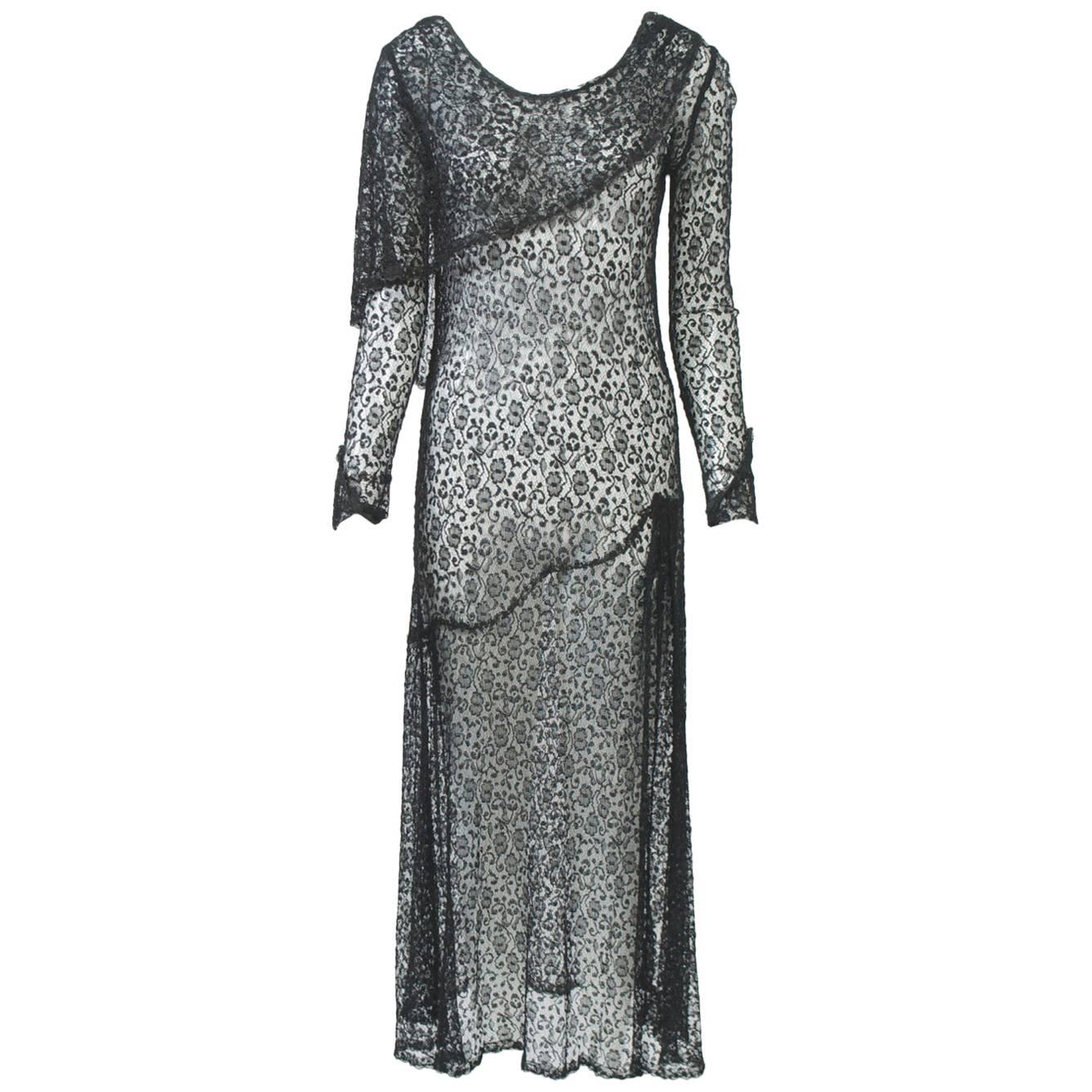 1930s Black Lace Tea Dress For Sale