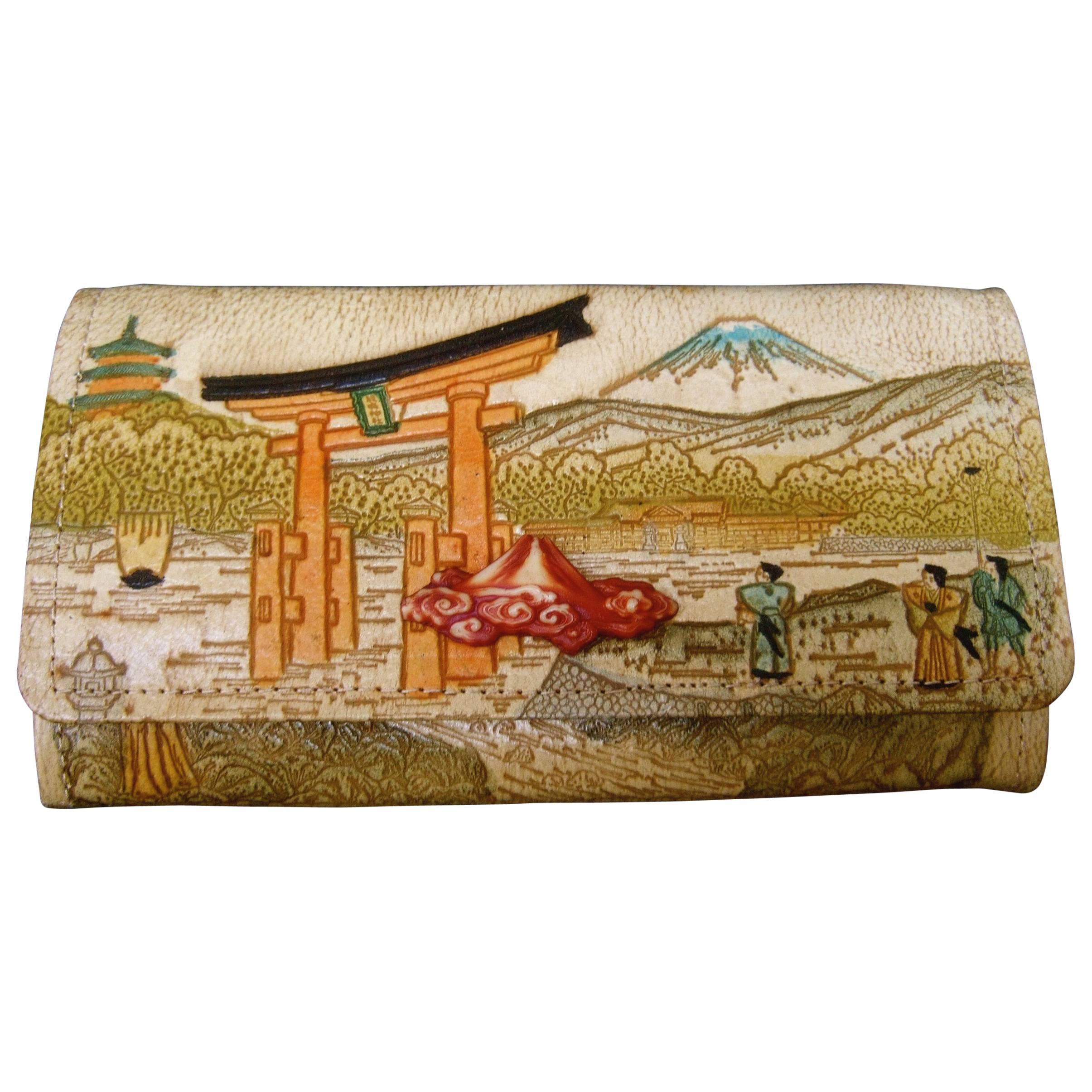 Exotic Japanese Tooled Leather Clutch / Wallet ca 1960