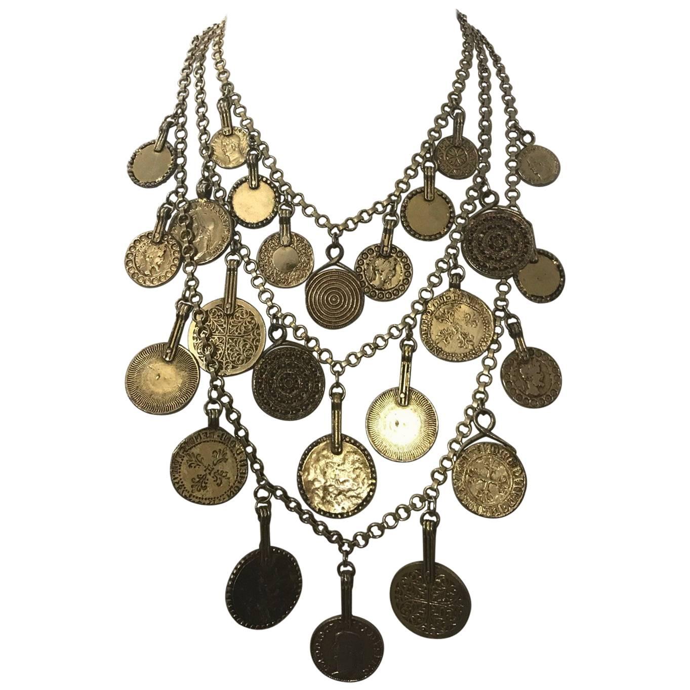 Yves Saint Laurent 1977 Gypsy Collection Gold Tone Coin Medallion Necklace
