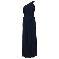 1980's Scaasi Navy Blue One Shoulder Gown 