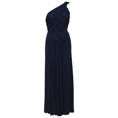 1980's Scaasi Navy Blue One Shoulder Gown 8