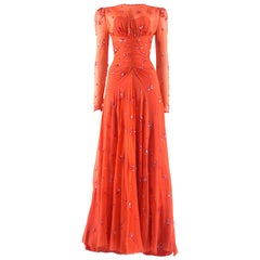 1930s coral silk chiffon evening dress with sequinned star embellishment