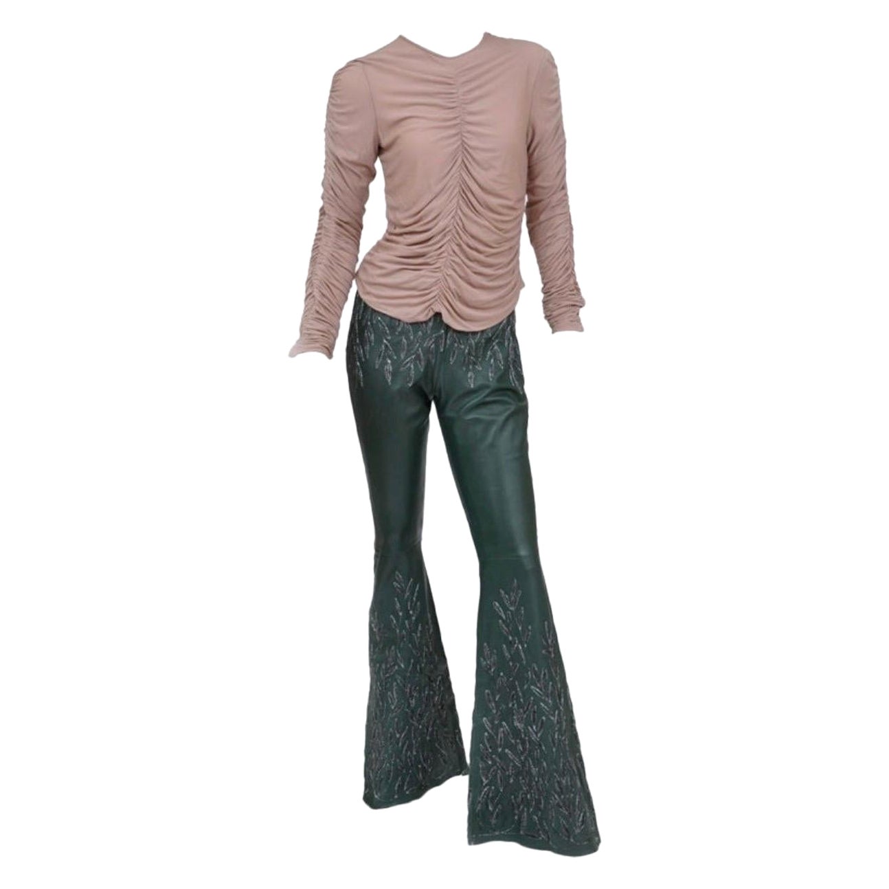 1999 Vintage Tom Ford for Gucci Embroidered Leather pants & Silk Ruched Top For Sale
