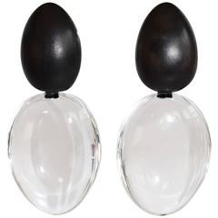 Monies Ebony Wood and Oval Lucite Clip Earrings