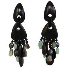 Monies Ebony Wood, Andean Opal, and Glass Statement Clip Earrings 2