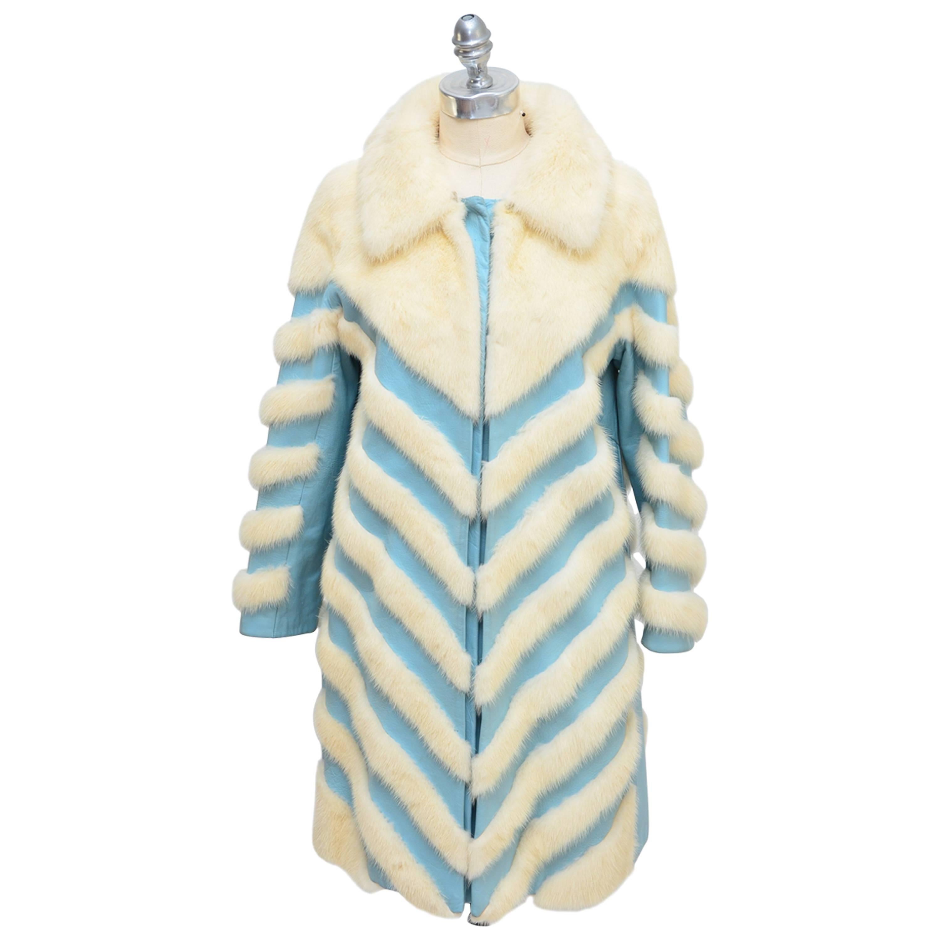 Rare Amazing  Elsa Schiaparelli White Mink Blue Leather Chevron Coat
